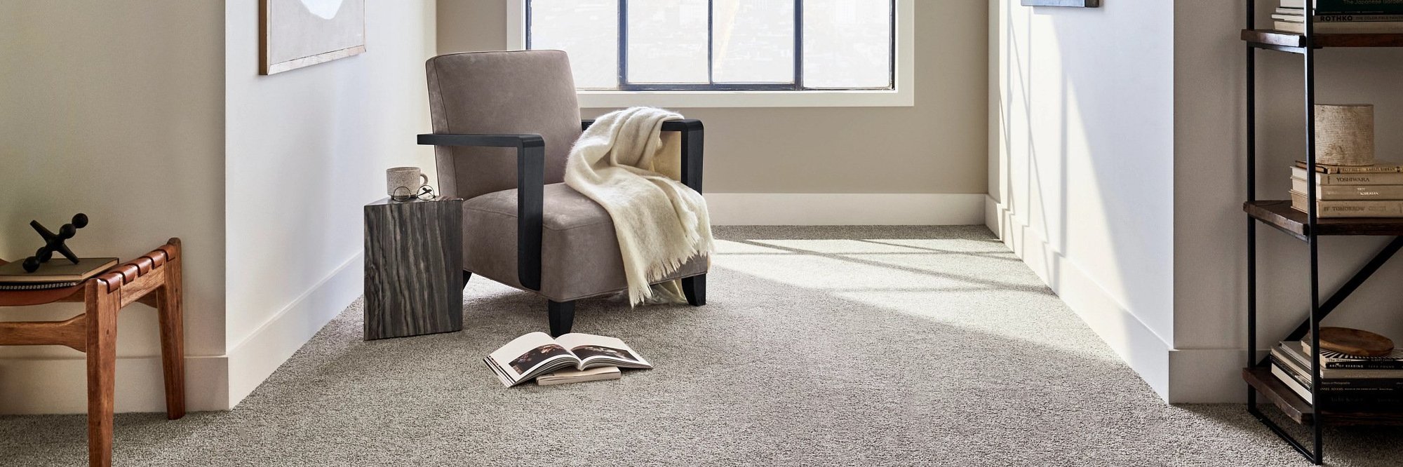 Living room with grey carpet